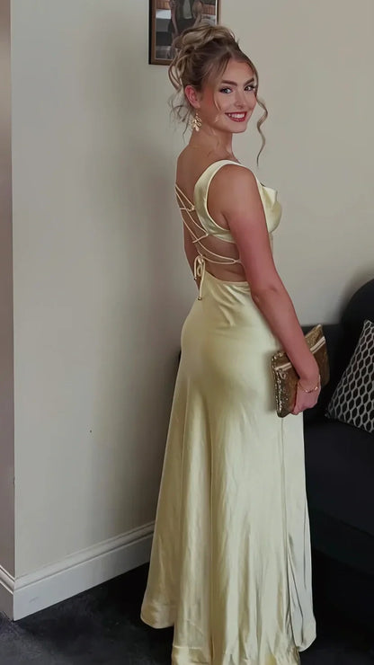 Elegant Sheath Square Neck Yellow Long Prom Dress with Criss Cross Back,LTP4393