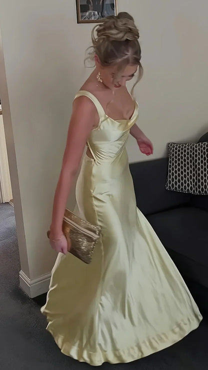 Elegant Sheath Square Neck Yellow Long Prom Dress with Criss Cross Back,LTP4393