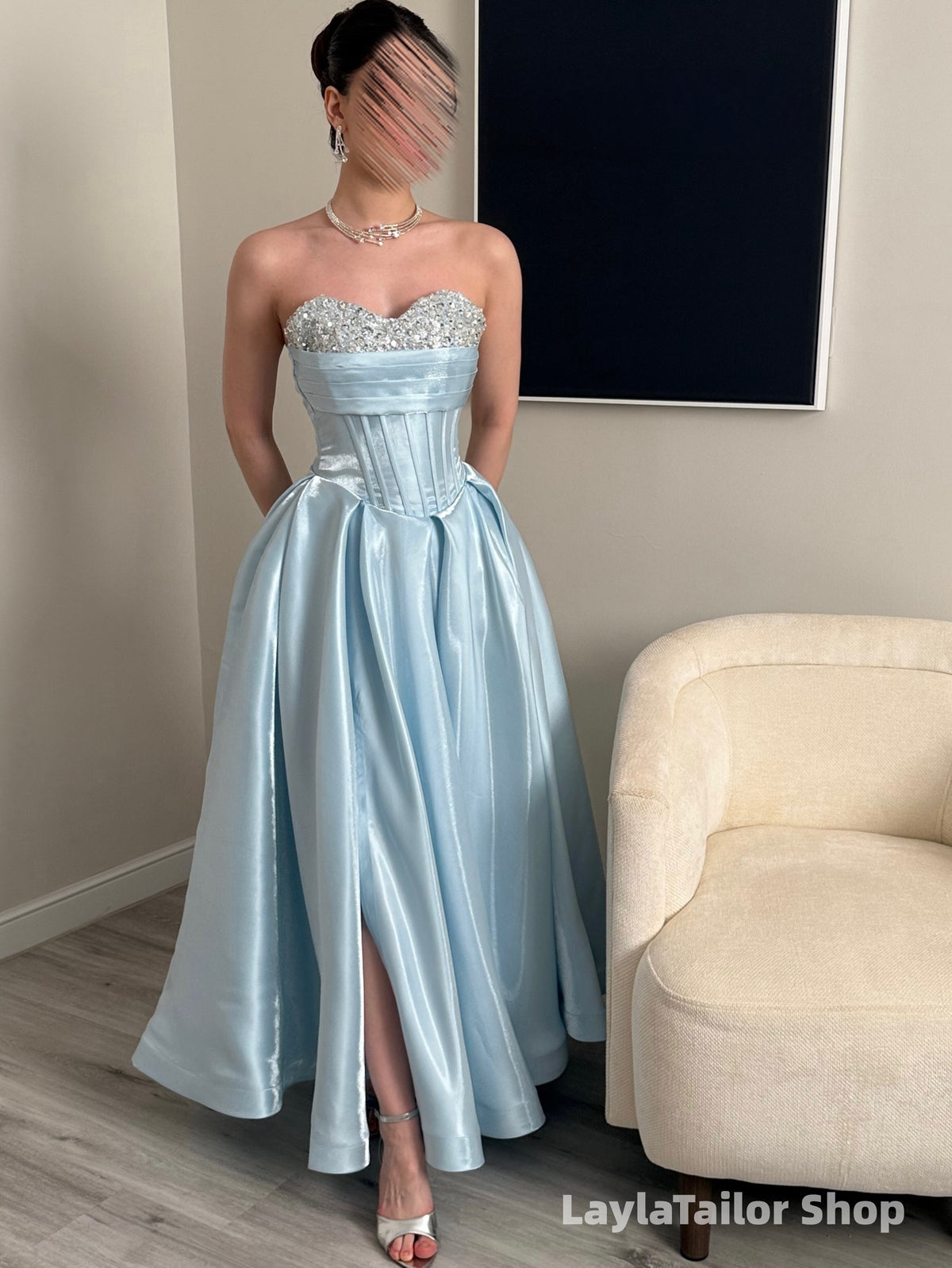 Elegant Sky Blue Beaded Organza Long Prom Dresses LTP82715
