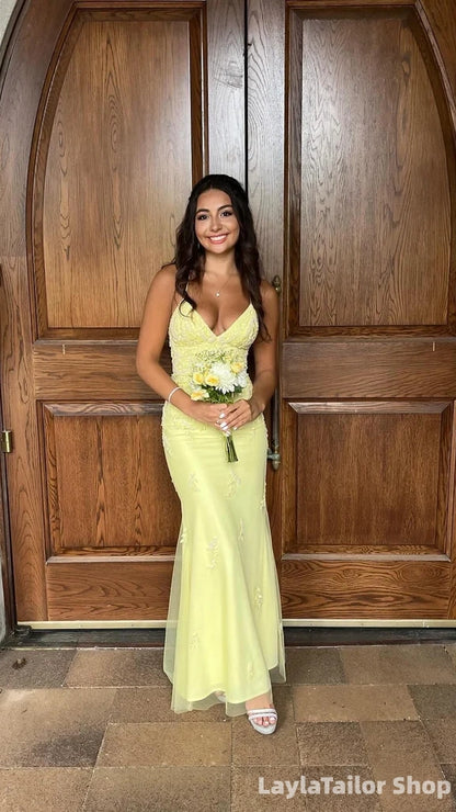 Elegant Spaghetti Strap Sleeveless Mermaid Tulle Appliques Long Evening Prom Dresses Online LTP82713