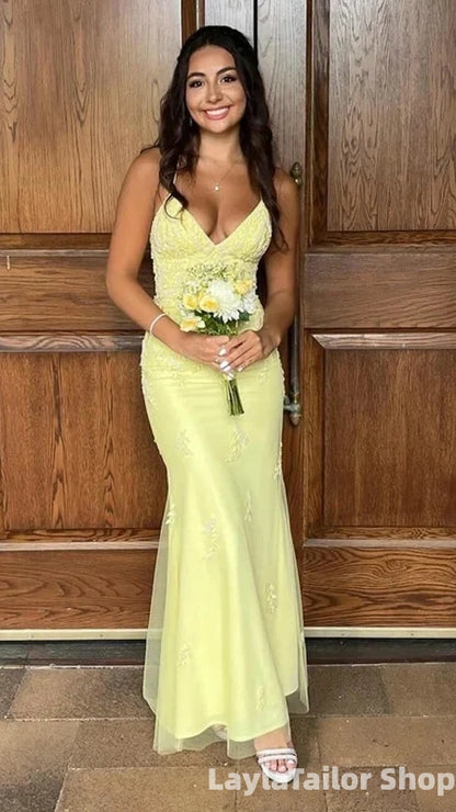 Elegant Spaghetti Strap Sleeveless Mermaid Tulle Appliques Long Evening Prom Dresses Online LTP82713