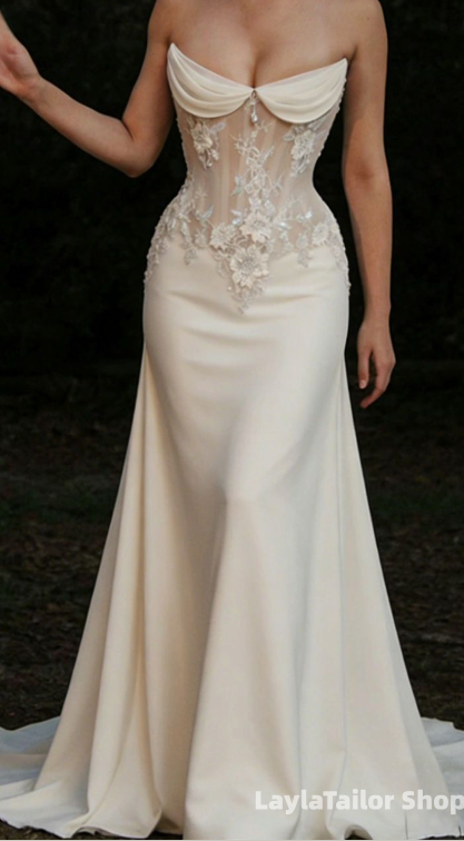Elegant Strapless Lace Floral Mermaid Wedding Dresses Italian Satin Bridal Dress