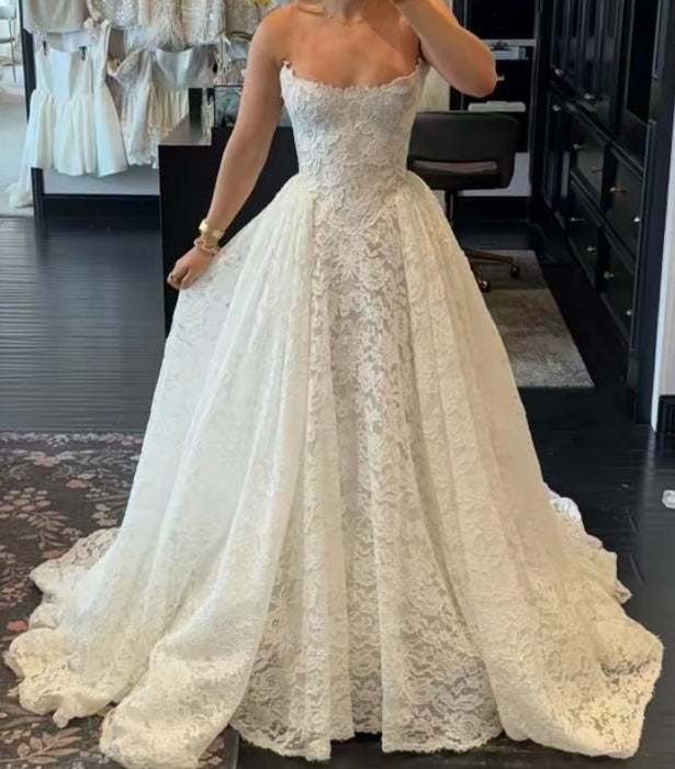 Elegant Strapless Lace Wedding Dresses A-Line Sleeveless Bridal Dress,LTP4353
