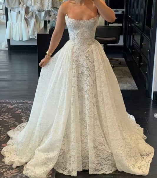 Elegant Strapless Lace Wedding Dresses A-Line Sleeveless Bridal Dress,LTP4353