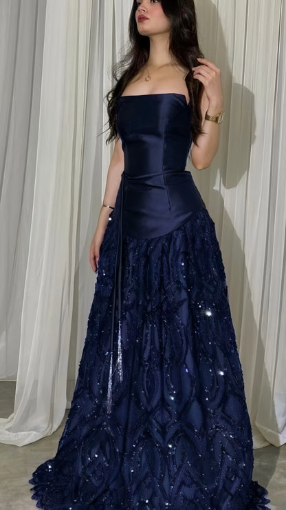 Elegant Straps Sheath Midnight Blue Long Prom Dresses Satin Midnight Blue Evening Gowns,LTP4450