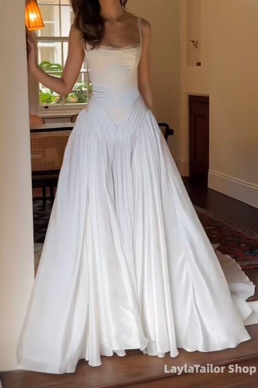 Elegant White A-Line Satin Wedding Gown Pleated Bridal Dress With Train