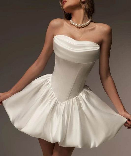 Elegant White Bridal Homecoming Dresses Strapless A-line Satin Party Dress,LTP3919