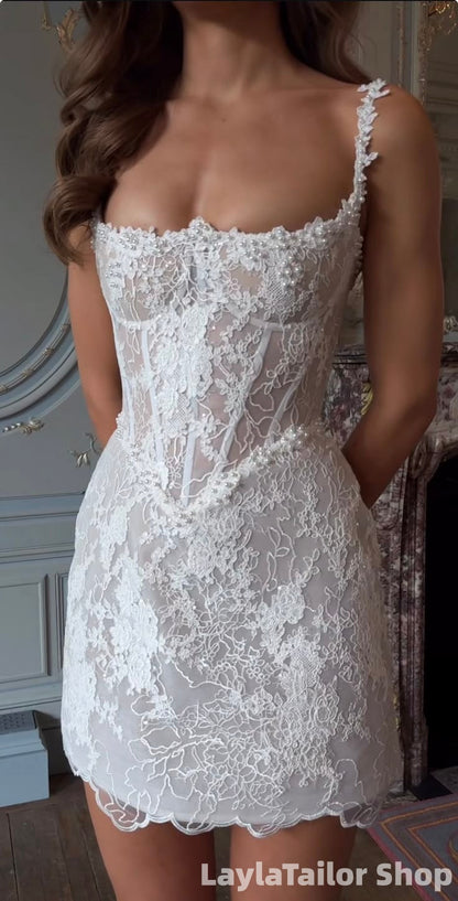Elegant White Lace Pearl Wedding Reception Dress Homecoming Dresses LTP82628