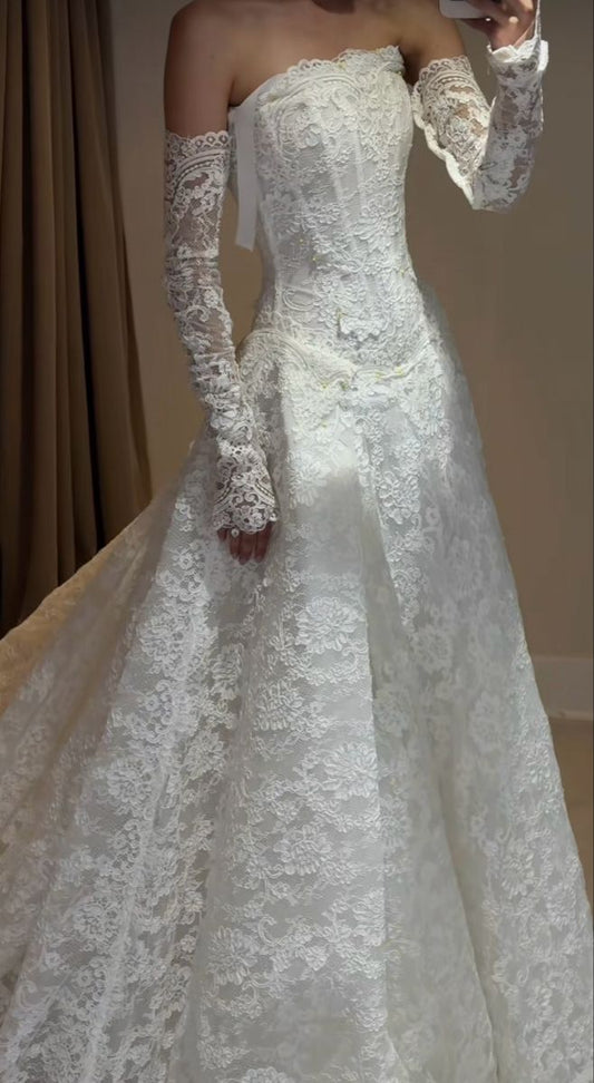 Elegant White Lace Strapless Wedding Dresses Slim Waist Bridal Dress,LTP4275