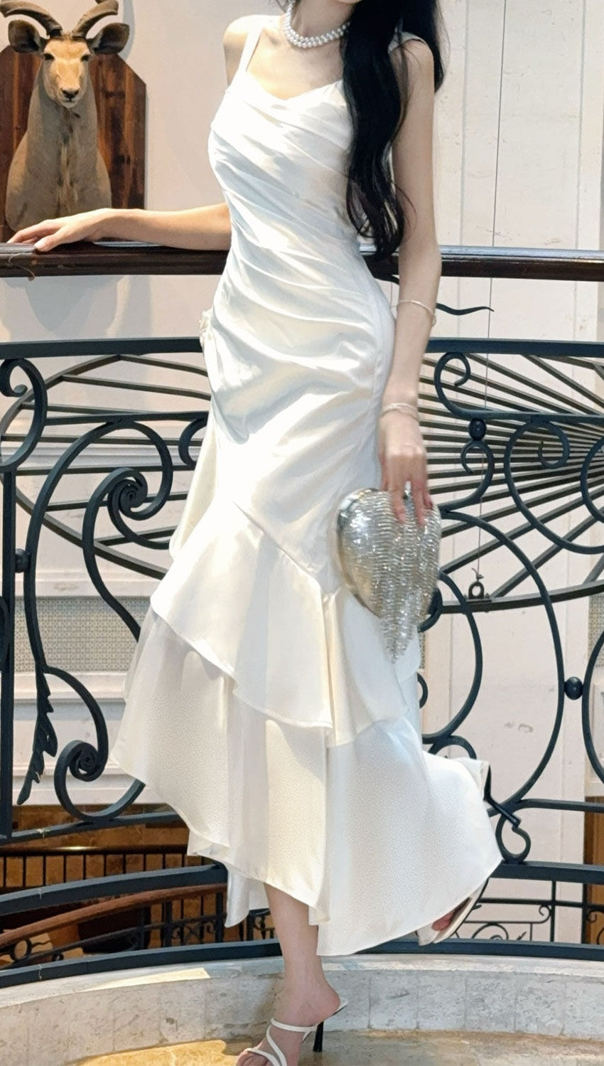 Elegant White Pleated Ruffle Dance Party Prom Dress,LTP4383