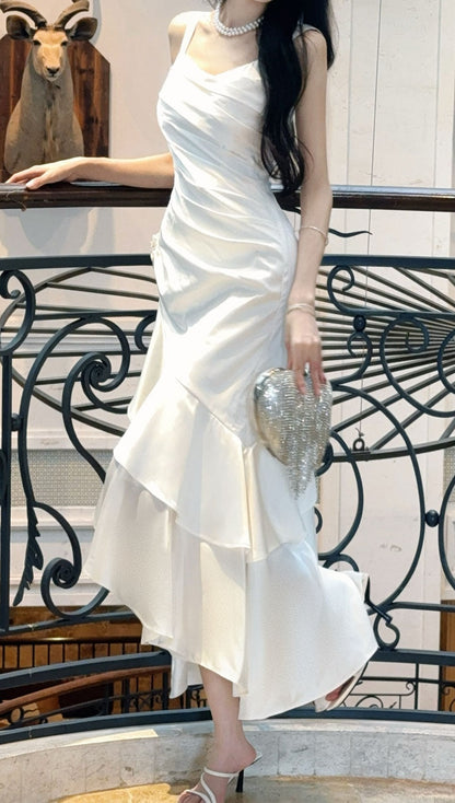 Elegant White Pleated Ruffle Dance Party Prom Dress,LTP4383