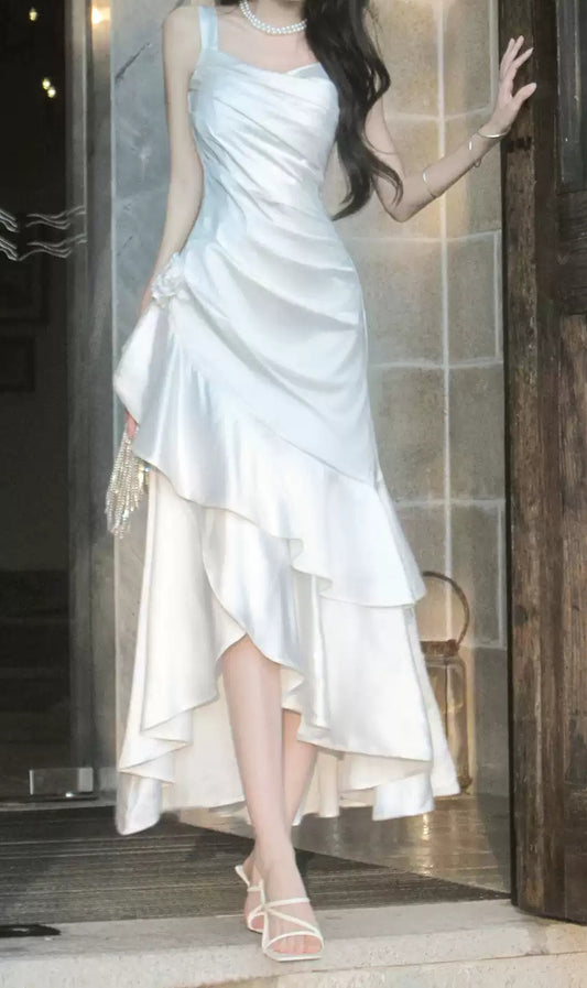 Elegant White Pleated Ruffle Dance Party Prom Dress,LTP4383