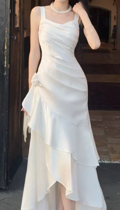 Elegant White Pleated Ruffle Dance Party Prom Dress,LTP4383