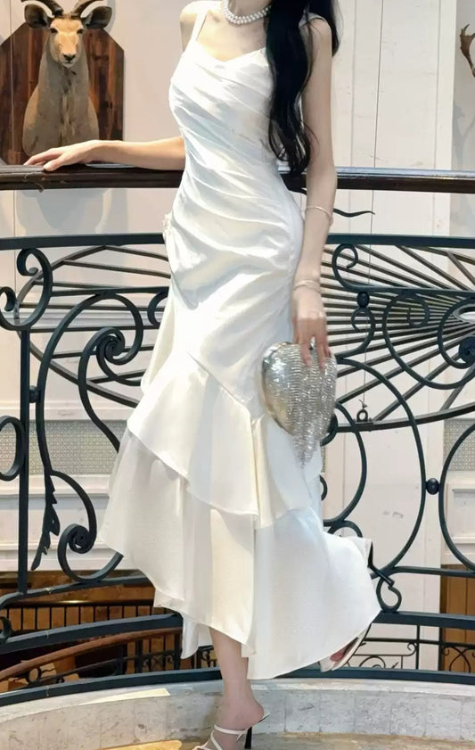 Elegant White Pleated Ruffle Dance Party Prom Dress,LTP4383