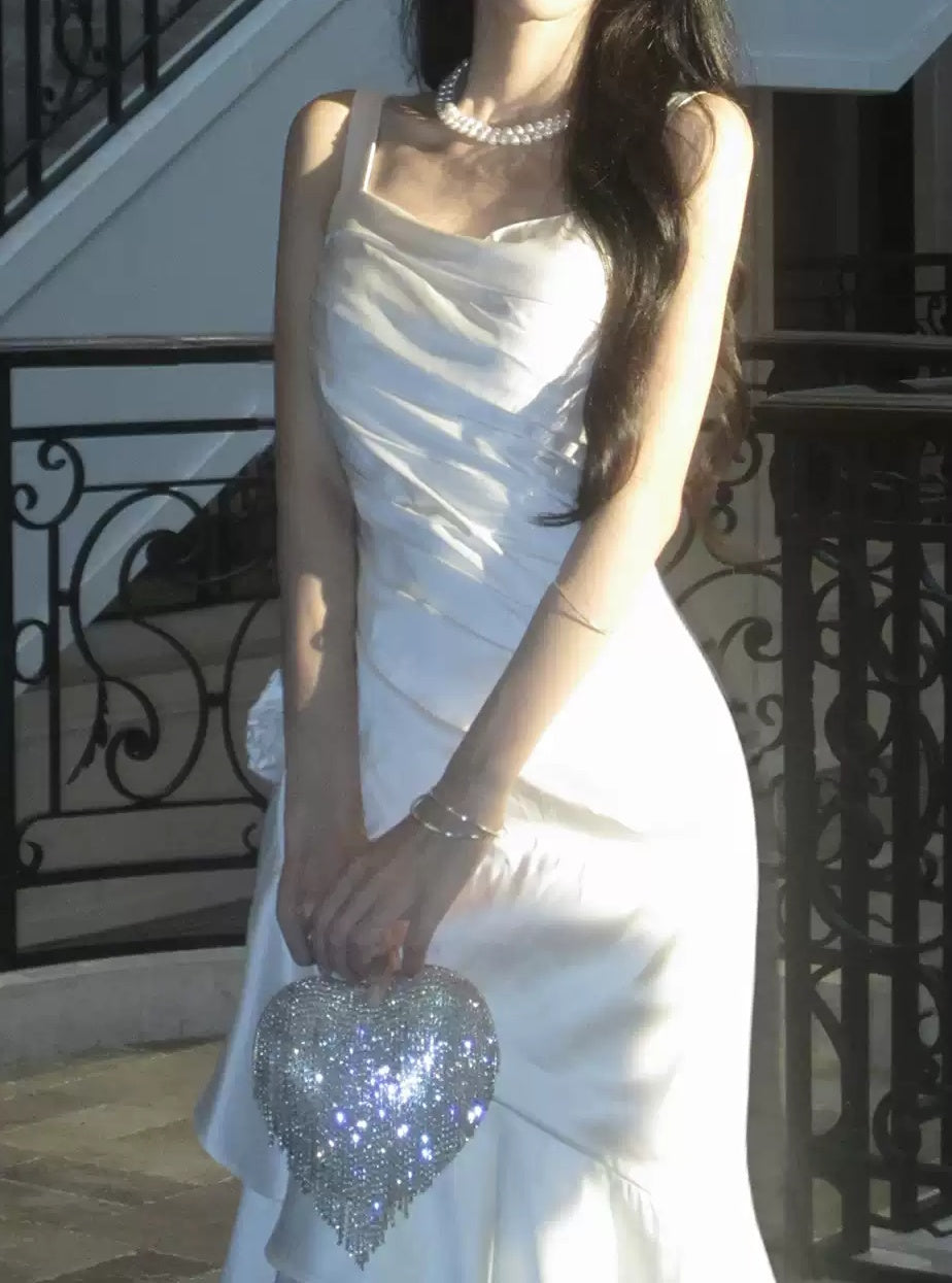 Elegant White Pleated Ruffle Dance Party Prom Dress,LTP4383