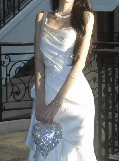 Elegant White Pleated Ruffle Dance Party Prom Dress,LTP4383