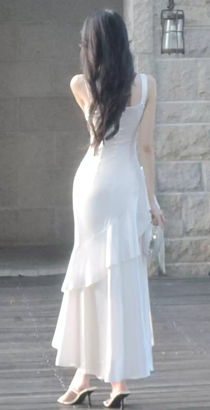Elegant White Pleated Ruffle Dance Party Prom Dress,LTP4383
