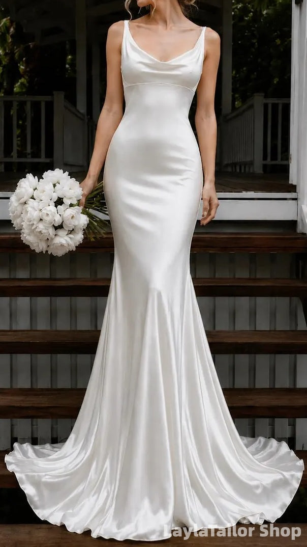 Elegant White Satin Wedding Dresses Mermaid Bridal Gown With Drop Back, LTP82810