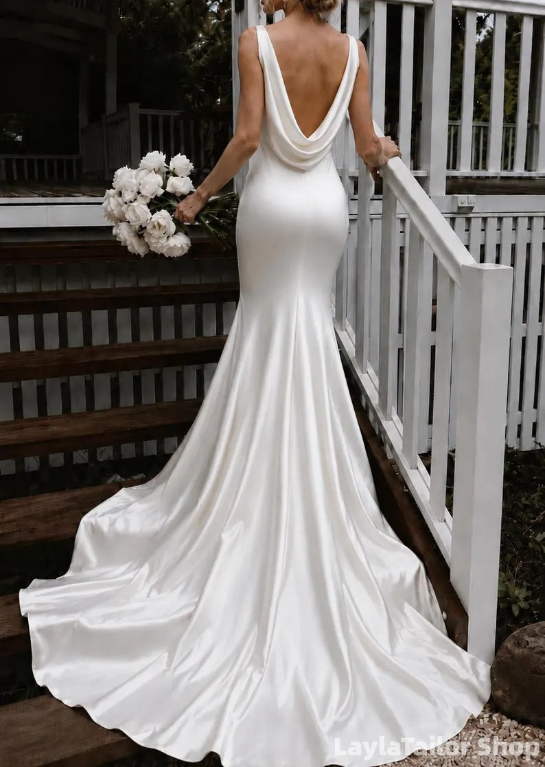 Elegant White Satin Wedding Dresses Mermaid Bridal Gown With Drop Back, LTP82810