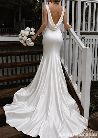 Elegant White Satin Wedding Dresses Mermaid Bridal Gown With Drop Back, LTP82810