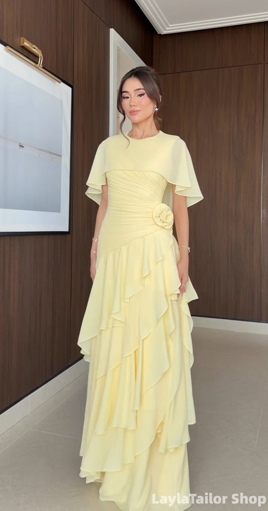 Elegant Yellow Chiffon Floral Ruffle Prom Dress LTP82751