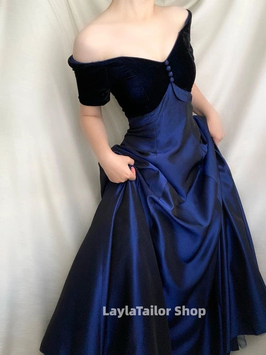 Elegant Black Blue A-line Prom Dresses Off The Shoulder Evening Formal Outfits,LTP4488