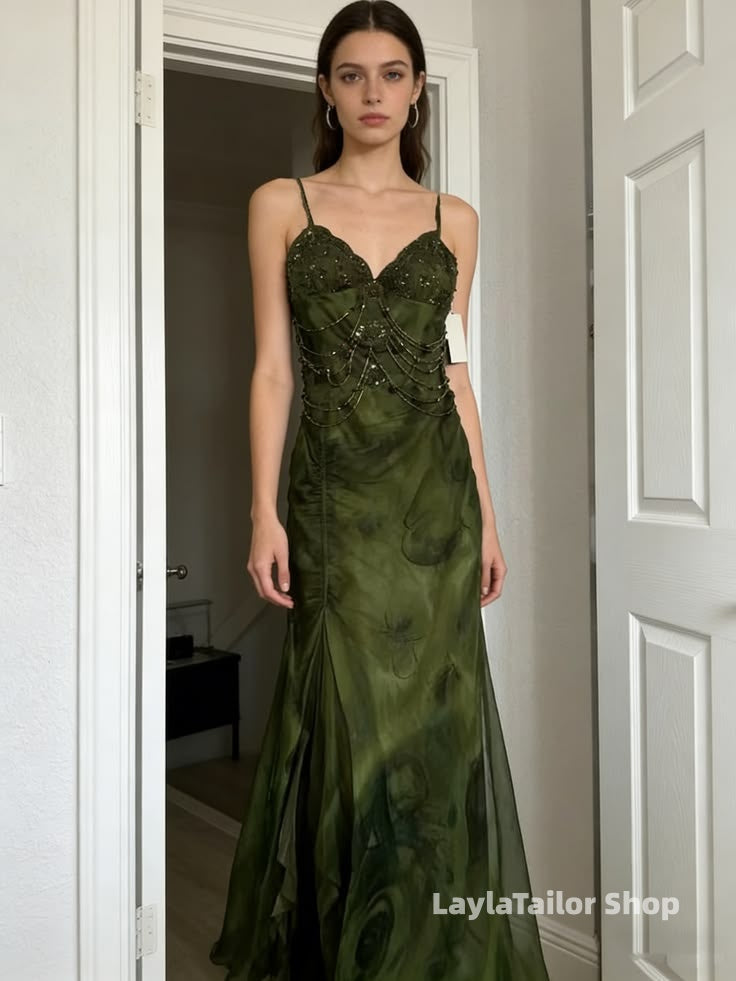 Elegant Dark Green Floral Chiffon Beaded Prom Dresses, LTP4602