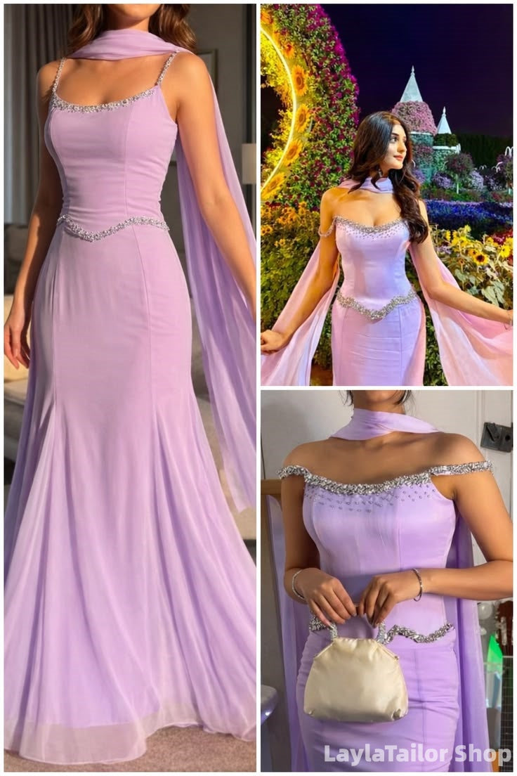 Elegant Lilac Sheath Mermaid Chiffon Party Dress With Neck Scarf LTP82592