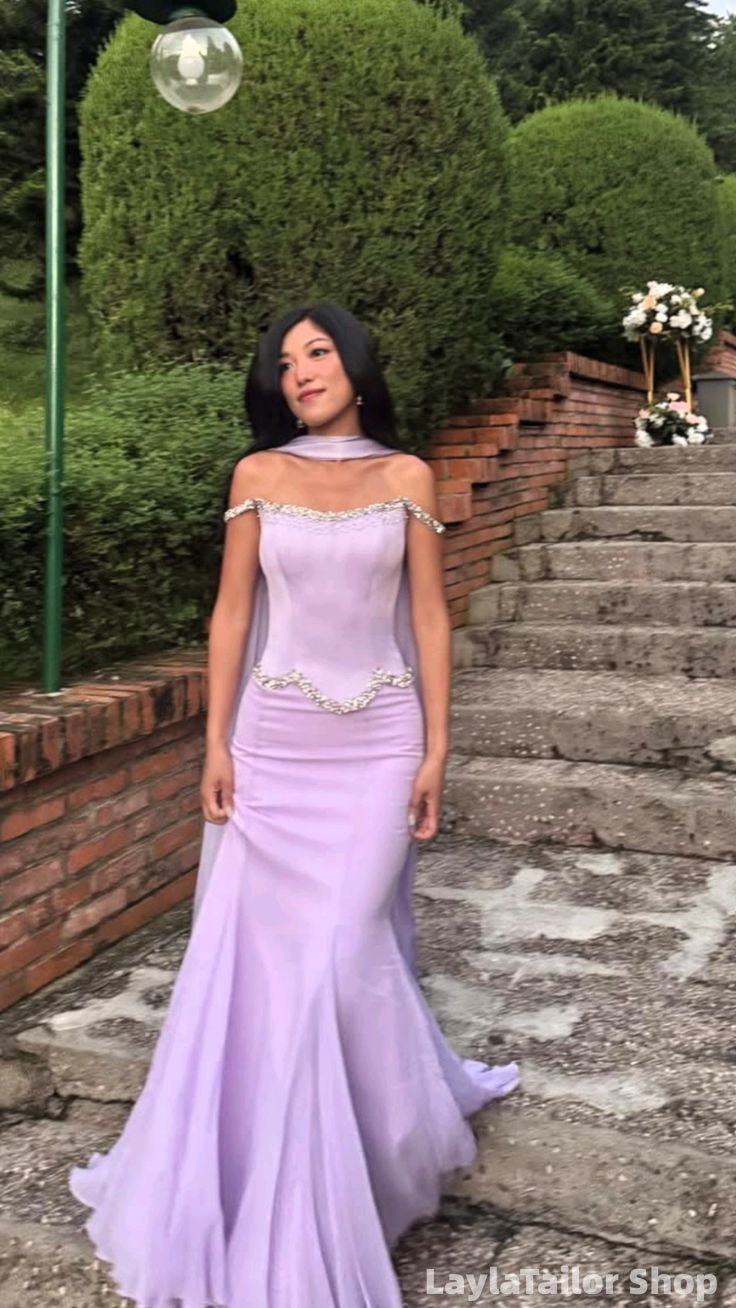 Elegant Lilac Sheath Mermaid Chiffon Party Dress With Neck Scarf LTP82592