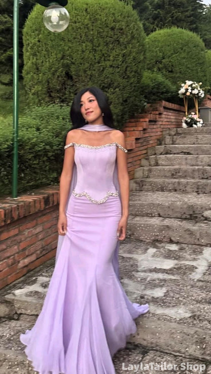 Elegant Lilac Sheath Mermaid Chiffon Party Dress With Neck Scarf LTP82592