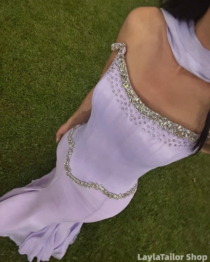 Elegant Lilac Sheath Mermaid Chiffon Party Dress With Neck Scarf LTP82592