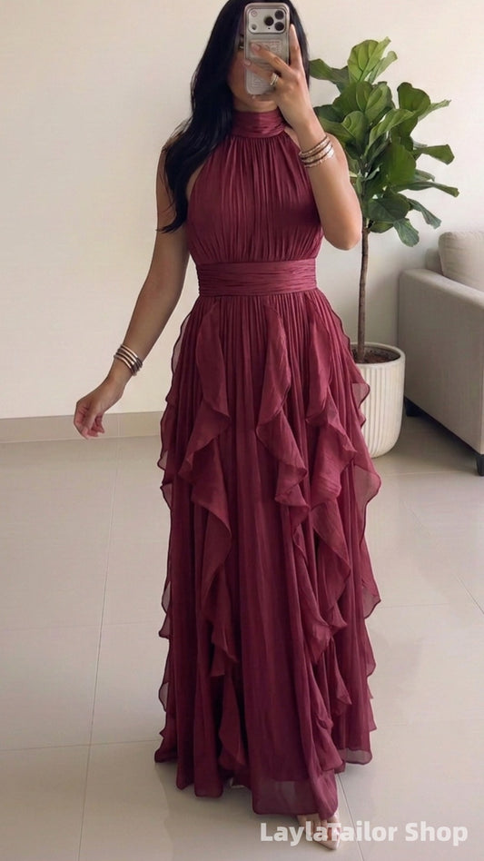 Elegant Pink Halter Chiffon Pleated Long Formal Prom Dress LTP82690