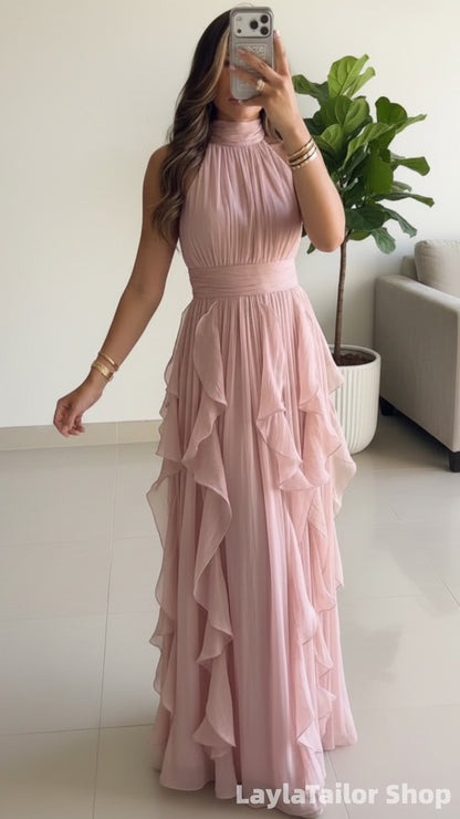 Elegant Pink Halter Chiffon Pleated Long Formal Prom Dress LTP82690