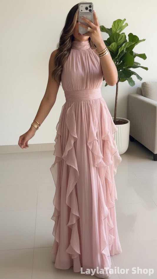 Elegant Pink Halter Chiffon Pleated Long Formal Prom Dress LTP82690