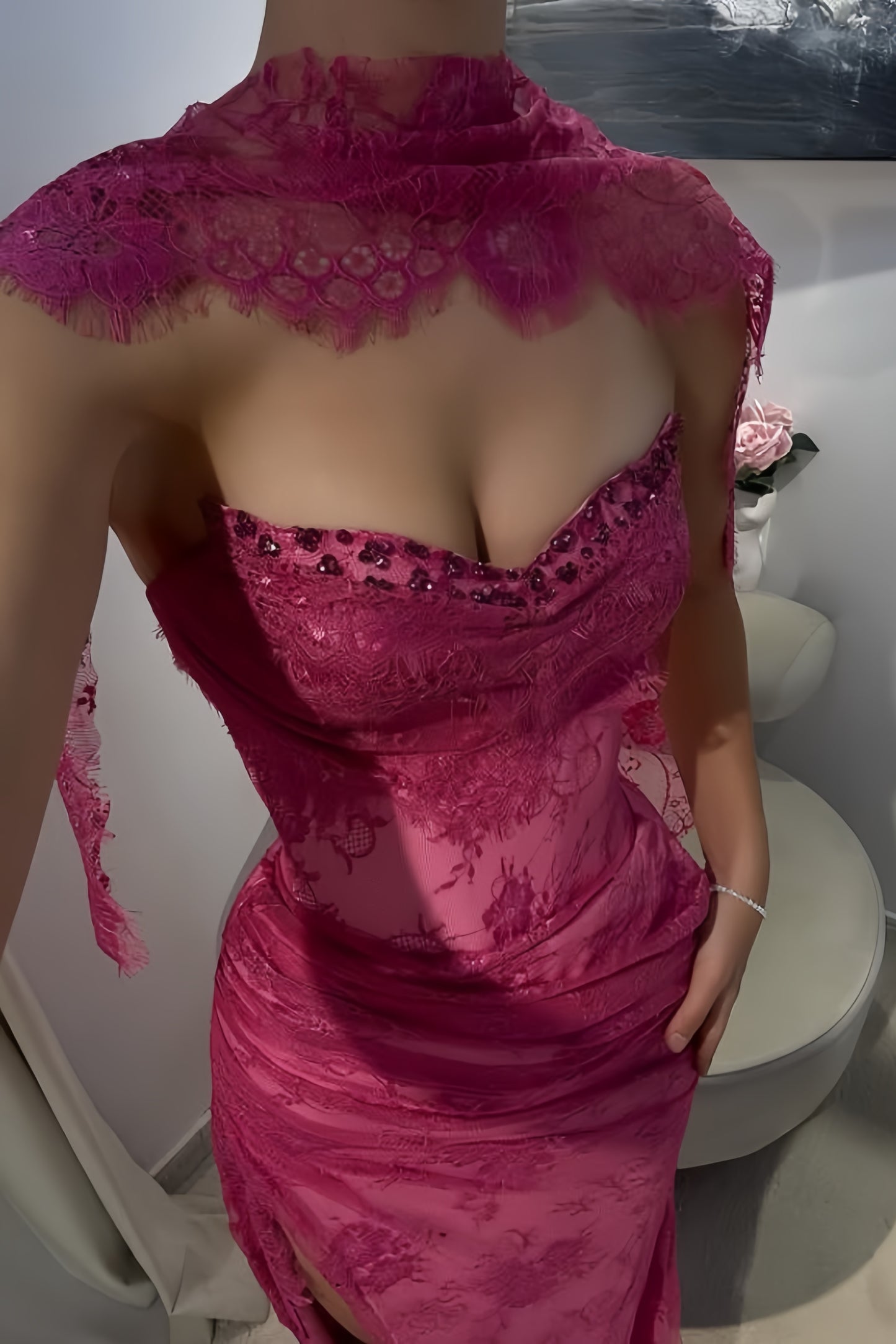 Elegant Pink Lace Mermaid Prom Dresses Long Evening Party Dress With Slit, LTP3992