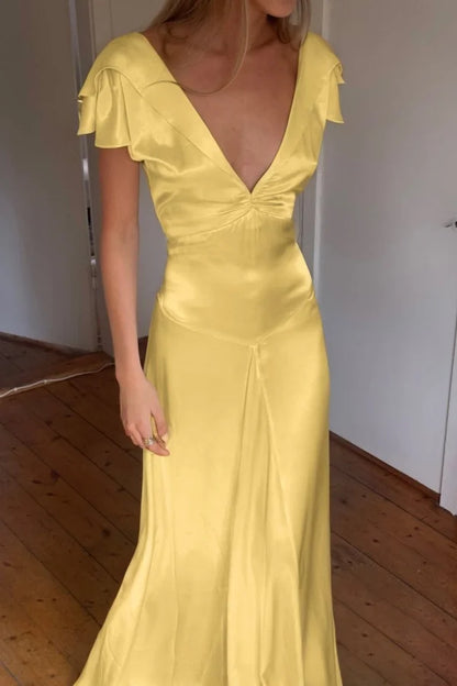 Elegant Satin V Neck Ruffles Short Sleeves Prom Dress with Pleated,LTP4408