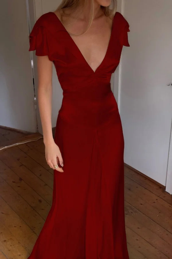 Elegant Satin V Neck Ruffles Short Sleeves Prom Dress with Pleated,LTP4408