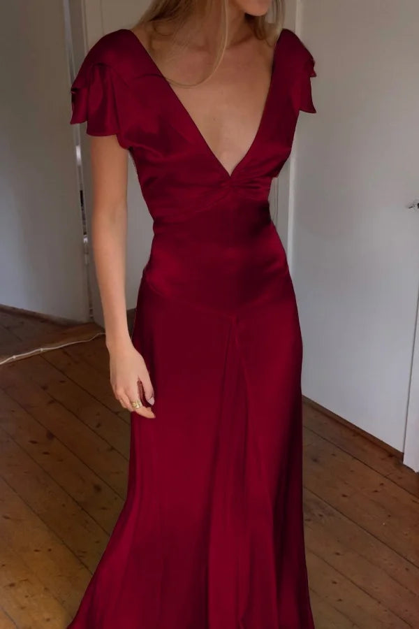 Elegant Satin V Neck Ruffles Short Sleeves Prom Dress with Pleated,LTP4408