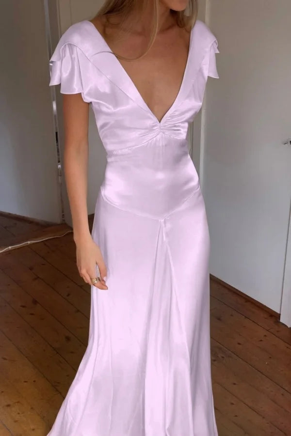 Elegant Satin V Neck Ruffles Short Sleeves Prom Dress with Pleated,LTP4408