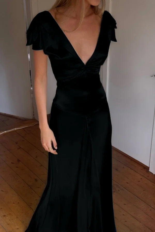 Elegant Satin V Neck Ruffles Short Sleeves Prom Dress with Pleated,LTP4408