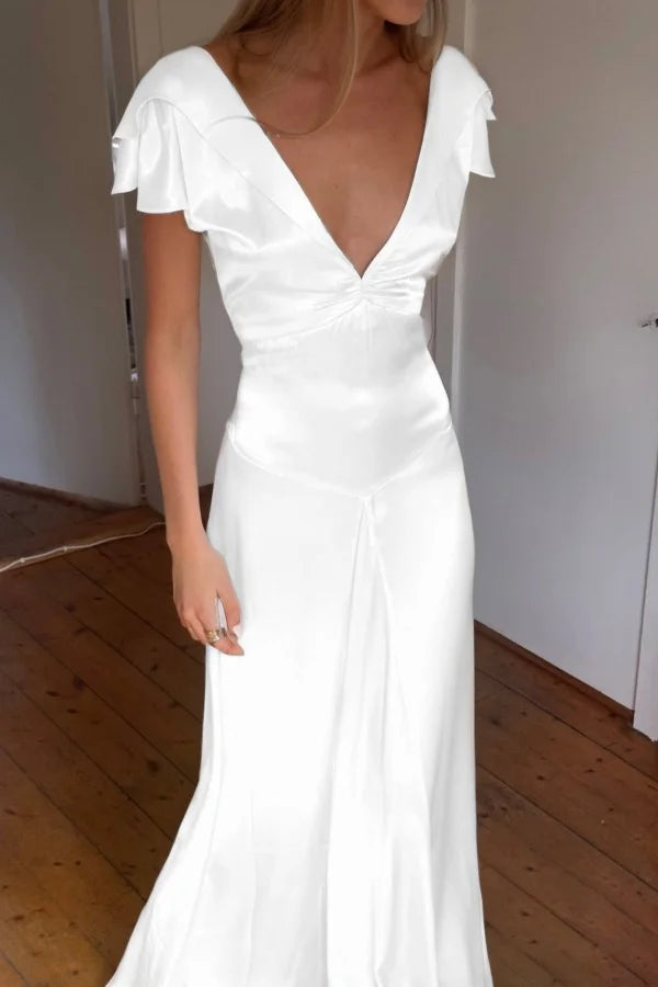 Elegant Satin V Neck Ruffles Short Sleeves Prom Dress with Pleated,LTP4408