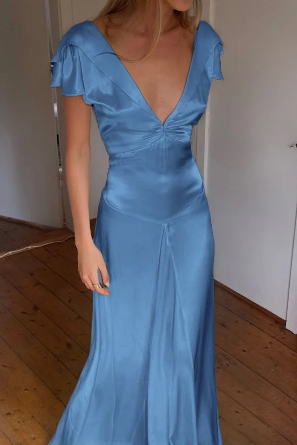 Elegant Satin V Neck Ruffles Short Sleeves Prom Dress with Pleated,LTP4408