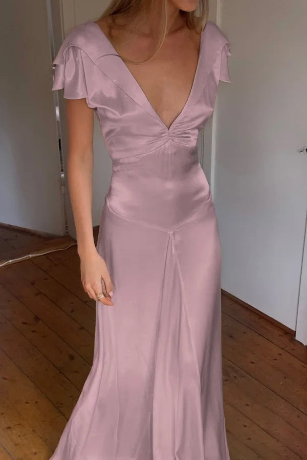 Elegant Satin V Neck Ruffles Short Sleeves Prom Dress with Pleated,LTP4408