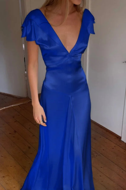 Elegant Satin V Neck Ruffles Short Sleeves Prom Dress with Pleated,LTP4408