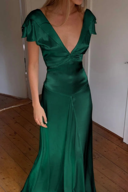 Elegant Satin V Neck Ruffles Short Sleeves Prom Dress with Pleated,LTP4408