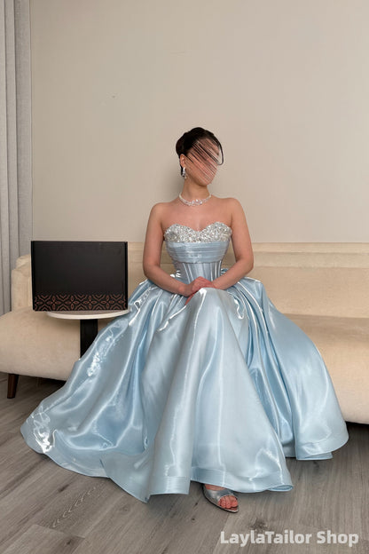 Elegant Sky Blue Beaded Organza Long Prom Dresses LTP82715