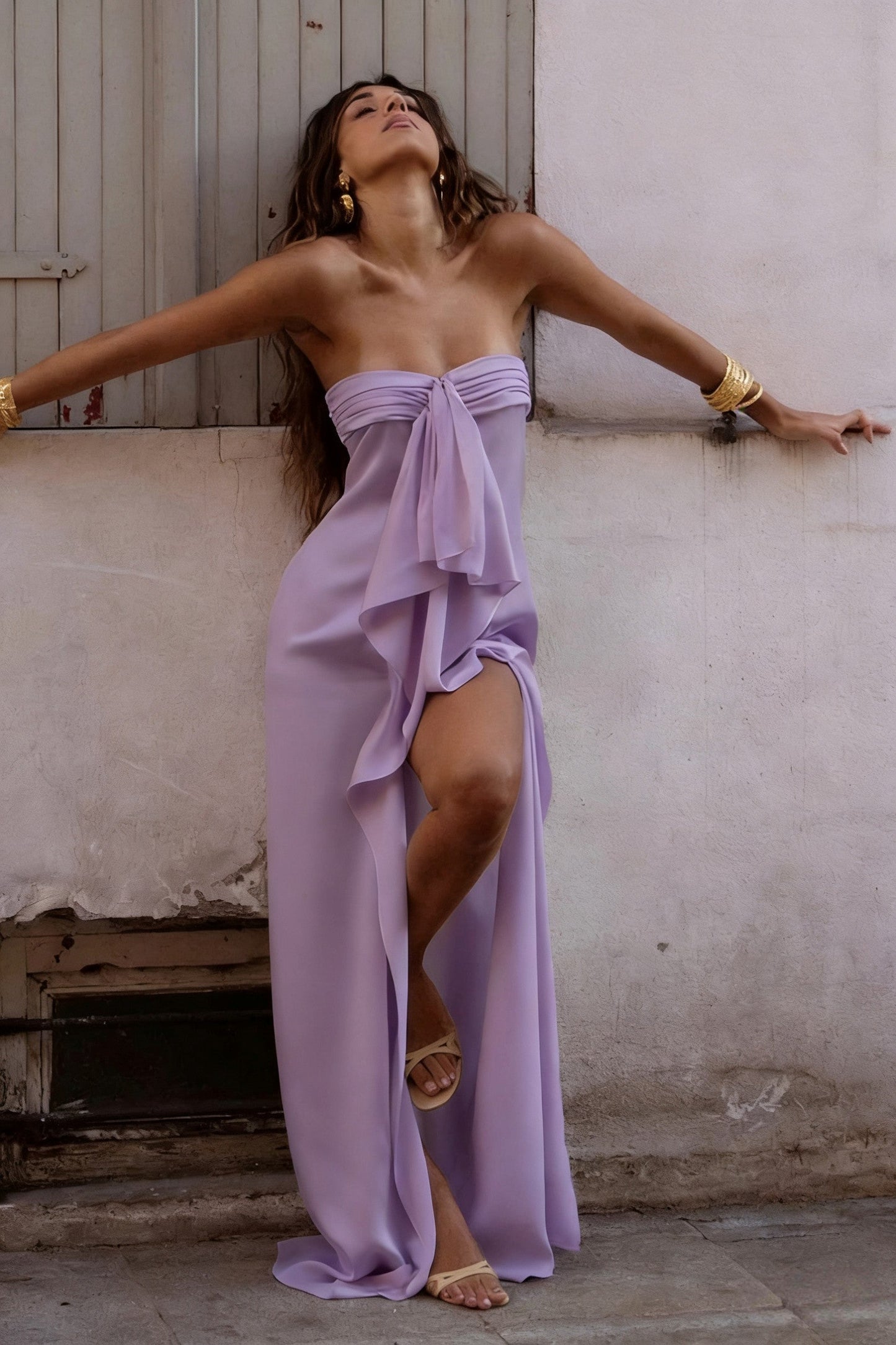 Elegant Strapless Satin Prom Dress with High Slit & Ruffle Layers