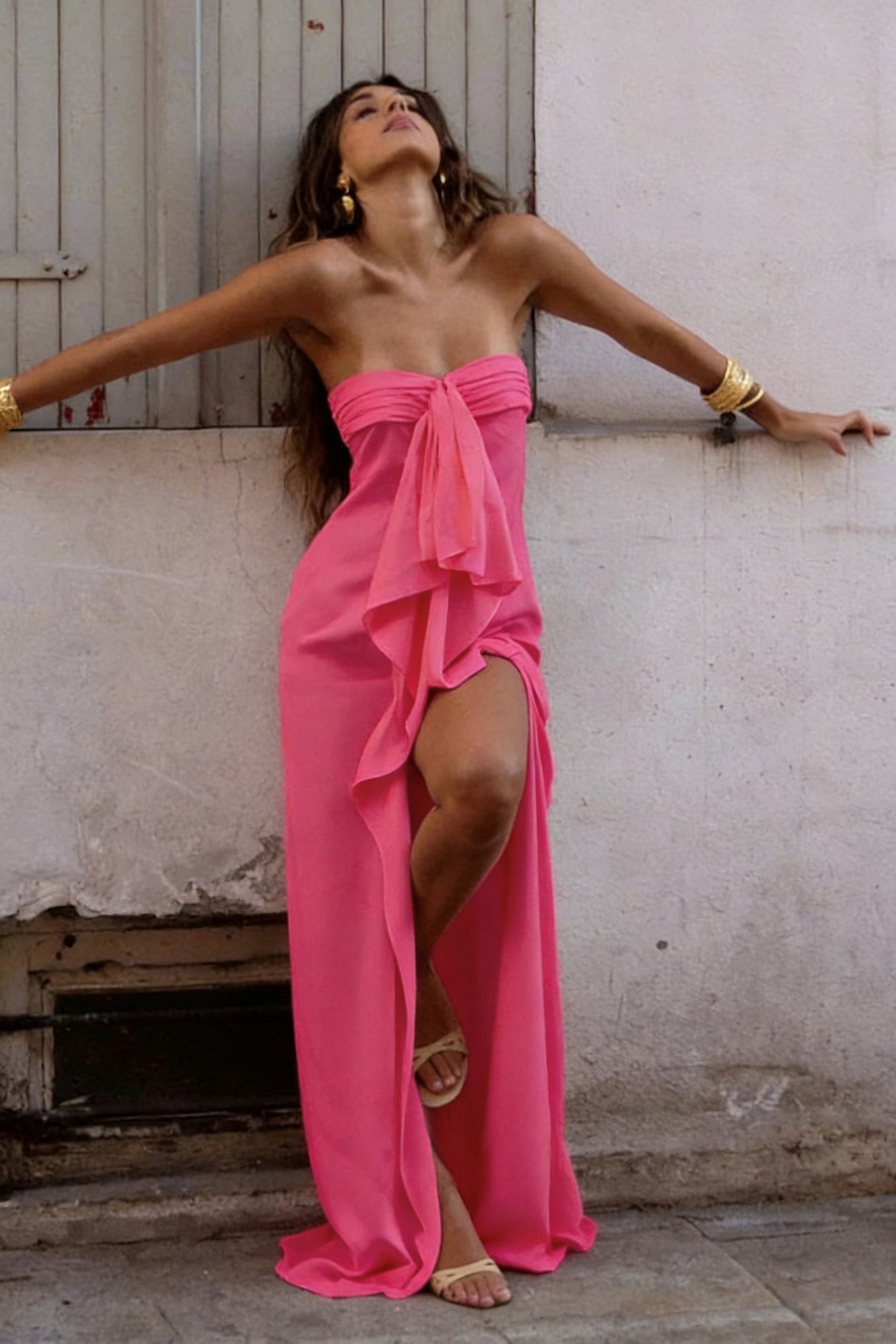 Elegant Strapless Satin Prom Dress with High Slit & Ruffle Layers