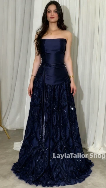 Elegant Straps Sheath Midnight Blue Long Prom Dresses Satin Midnight Blue Evening Gowns,LTP4450