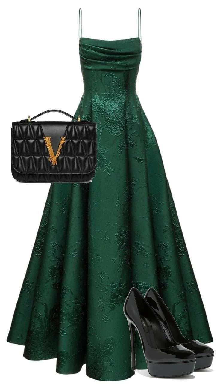 Emerald Green Floral Print A-line Long Prom Dresses Evening Party Dress,LTP4060